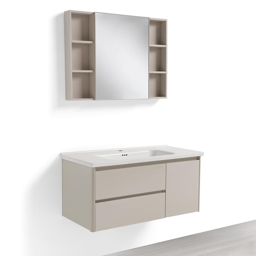 REDÒKASA Mobile Bagno Sospeso 100 cm GENZIANA in alluminio, con 2 cassetti e 1 anta, specchio contenitore a 1 anta, lavabo in ceramica (Cipria)