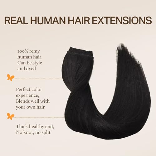Image of DOORES Wire Hair Extensions, Natural Black 12 Inch 70g Fish Line Weft Extensions and 2pcs 30g Clip ins, 100g Invisible Wire Real Remy Human Weft Straight Transparent Seamless Hairpiece