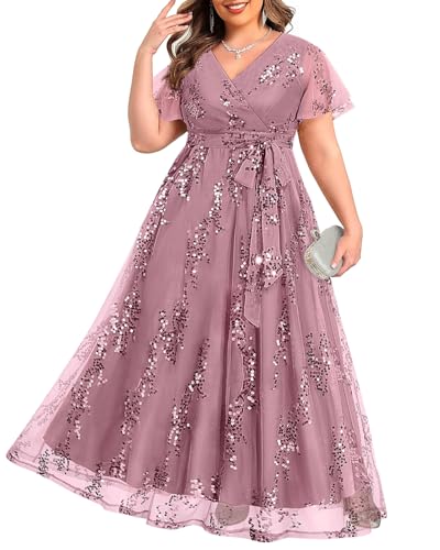 Plus Size Mother of the Bride Bridesmaid Wedding Guest Long Dress Gray Pink