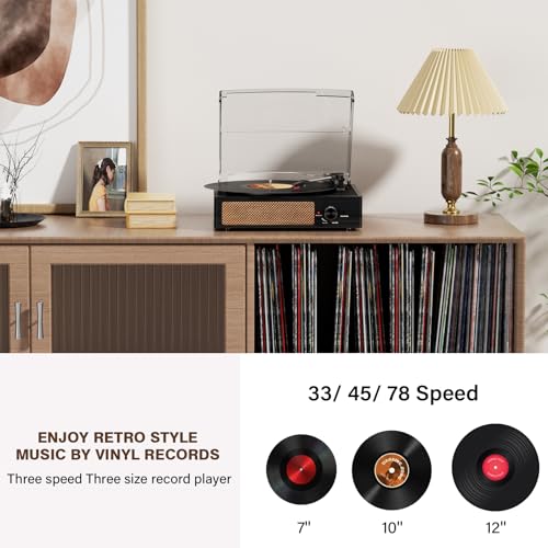 Image of Record Player for Vinyl with 2 Build-in Speakers LP Vinyl Players Belt-Driven Vintage Turntables 3 Speed 3 Size, Wireless Bluetooth Playback, AUX-in, RCA Out, Headphone, Auto Stop