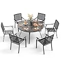 PHI VILLA 7 Pieces Outdoor Round Dining Set for 6, Large Wrought Iron Dining Table with Umbrella Hole & Stackable Metal Chairs, Dining Furniture Set for Patio, Deck, Yard, Porch
