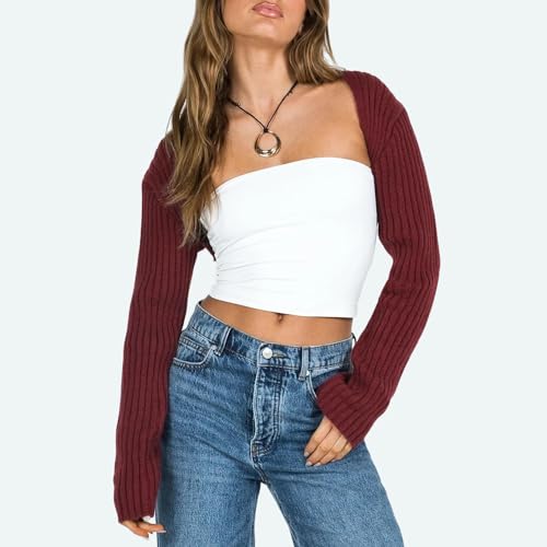 Image of Women Long Sleeve Open Front Ribbed Knit Crop Cardigan Solid Loose Drop Shoulder Shrug Bolero Crop Sweater Top