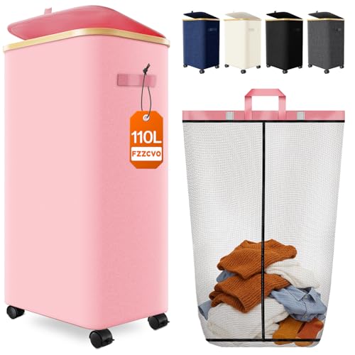 Image of Laundry Hamper with Wheels, 110L Large Clothes Hamper with Removable Inner Bag, Collapsible Dirty Clothes Basket for Dorm, Rolling Dirty Clothes Basket for, Bedroom, Bathroom, Laundry Room