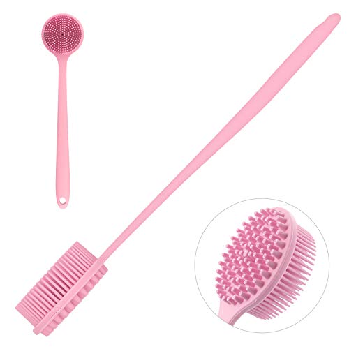 ICHECKEY Silicone Back Scrubber Shower Bath Body Brush with Long Handle Gentle Exfoliation Improve Skin Health and Beauty Wet or Dry, Bath Brush Long Handle for Shower, Pink