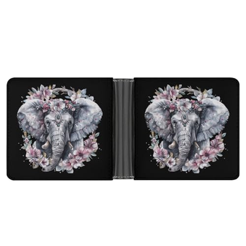 Elephant with Boho Flower Funny Men's Slim Bifold Wallet with Multiple Card Slots Front Pocket Purse
