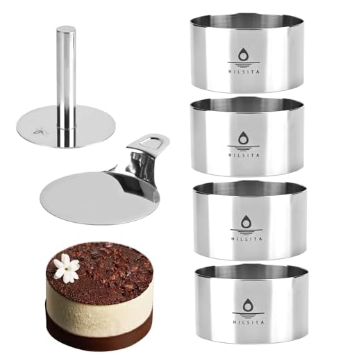 Hilsita 6 Pcs Cake Ring Molds, Seamless Stainless Steel Cake Cutter For Baking, 4 inch Cooking Rings with Pusher & Lifter, Dessert Mousse Molds Baking Tools, Includes 1 Pusher, 1 Lifter and 4 Rings