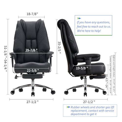 Big and Tall Office Chair 400lbs Wide Seat, Leather High Back Executive Office Chair with Foot Rest, Ergonomic Chairs Lumbar Support for Lower Back Pain Relief (Black)
