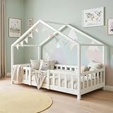 [en.casa] Kinderbett Treviolo Hausbett 90 x 200 cm Holzbett für Kinder mit Rausfallschutz Montessori Bettgestell mit Lattenrost Kiefernholz Weiß
