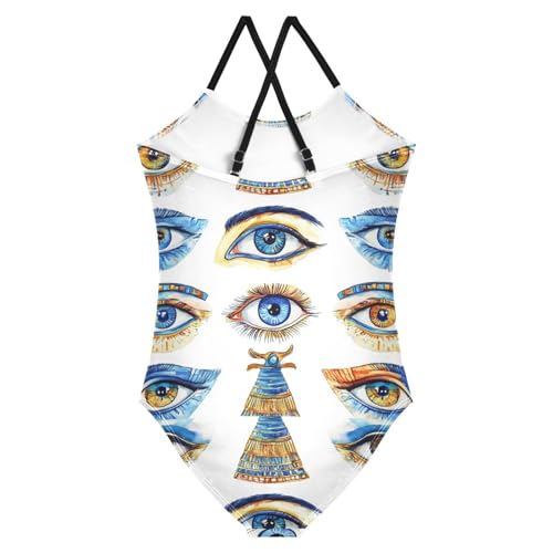 Pigsaly Girls One Piece Swimsuits Watercolor Egyptian Blue Evil Eye Kids Cross Back Swimwear Beach Sport Bathing Suit 3T2