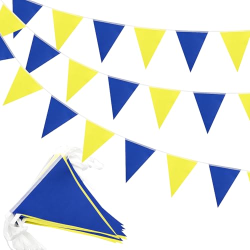 Lot de 52 fanions de fanions en tissu imperméable pour décoration de jardin, extérieur, intérieur, anniversaire, 20 m, bleu et jaune
