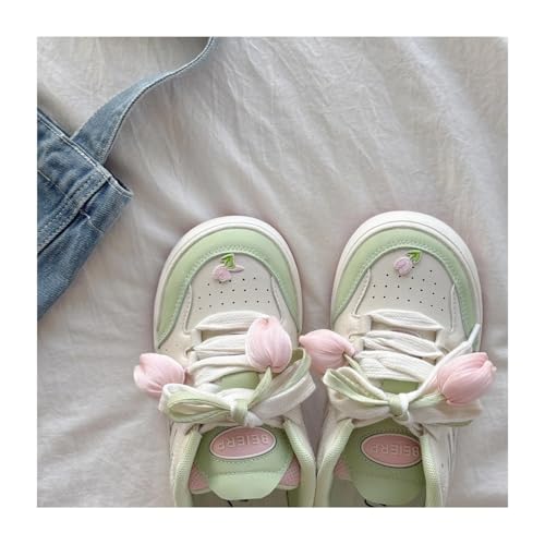 Women's Kawaii Cute Aesthetic Pink Green Versatile Comfortable Chunky Sneakers Casual Walking Sport Shoes 3D Tulip3