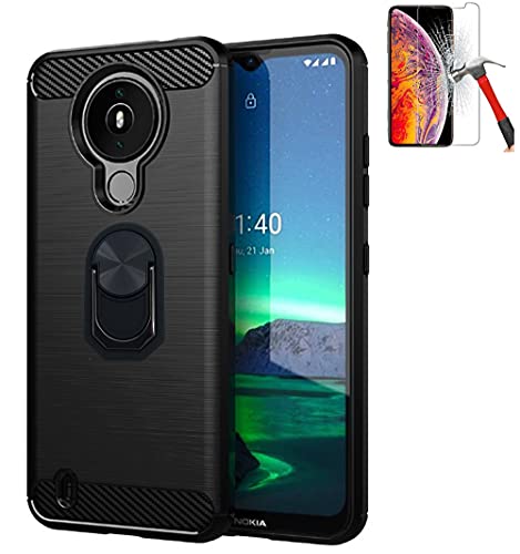 Wireless Accessories Phone Case Compatible with Nokia 1.4 Nokia 1.4 Phone Stand (6.52 inch ) TA-1323 Screen ProtectorBrush Textured Flex Gel Cover (Brush Gel Black +Tempered Glass +2in1 Ring)