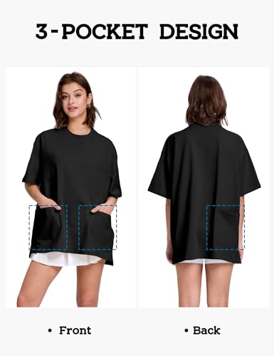 FAIABLE Womens Oversized T Shirts with Pockets, Cotton Shirt Fashion Loose Fit Crewneck Short Sleeve Top Side Slit Tee Summer4