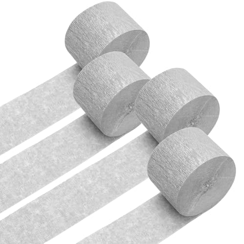PIGETALE Crepe Paper Streamers 4 Rolls 328ft, Pack of Silver Party Streamers for Wedding Birthday Baby Shower Party Decorations Supplies DIY Art Crafts Hanging Banner Décor (1.8Inch x 82Ft/Roll)