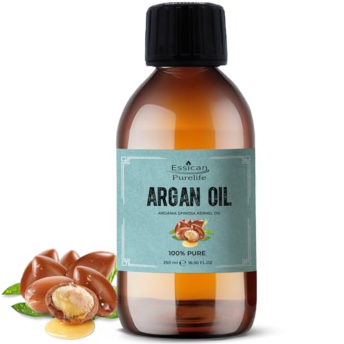 Essican Purelife Pure Argan Oil for Hair & Skin 250ml, Cold Pressed Natural Moroccan Argan Hair Oil for Face, Body and Massage with Moisturising Vitamin E for Curly & Dry Hairs Women and Men