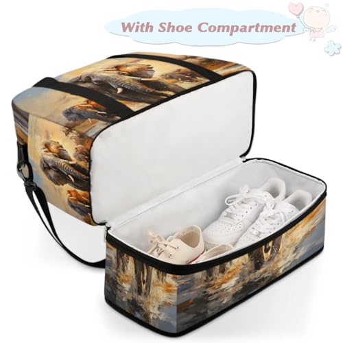 Travel Duffel Bags Retro Africa Elephant Foldable Weekender Bags for Women with Shoes Compartment Waterproof & Tear Resistant Carry on Overnight Luggage Duffel Bag Shoulder Sports Tote Bag,B-2424