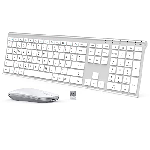 Juego de teclado de ratón inalámbrico plano Seenda recargable con receptor USB, teclado QWERTZ fino para Windows, PC, ordenador portátil, TV, blanco y plateado Cover