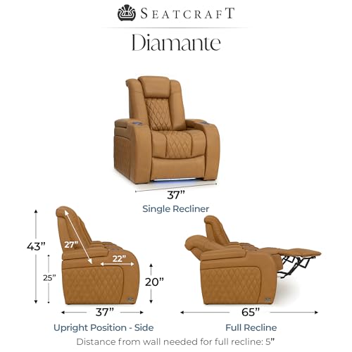 Image of Seatcraft Diamante Tan Oak Italian Leather Home Theater Seating, Zero Gravity Power Recliner Gaming and Home Office Chair, Powered Headrest Lounge Sofa Furniture for Cinema Room, Single Recliner