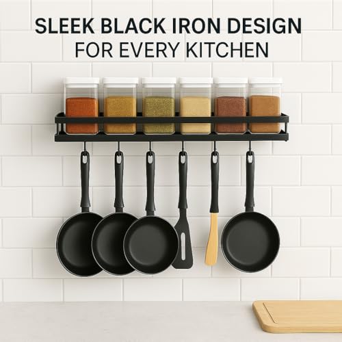 Image of Craft Expertise Wall-Mounted Pan & Pot Rack - Black Iron Kitchen Organizer with 7 S-Hooks | Space-Saving Hanging Rack for Utensils, Pots & Pans (16 inch x 5.25 inch x 2.5 inch)