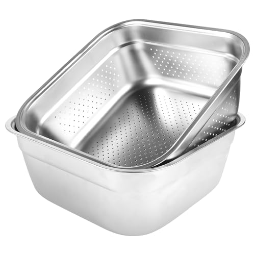 M.J COMFY-LIFE 2-in-1 Washing Up Bowl & Strainer Bowl, Stainless Steel Dish Tub with Colander, for Washing Rice and Draining, Vegetable and Fruit Food Preparation (31 * 31 * 13cm)