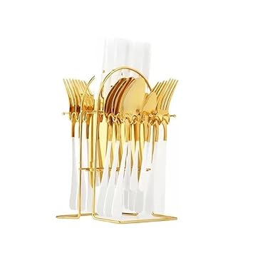 CherryBox Spoon Fork & Knife Set - Cutlery Set with Stand Mirror Polish Colour Handle- Gold Plated | Stainless Steel - 24 Pcs (White)