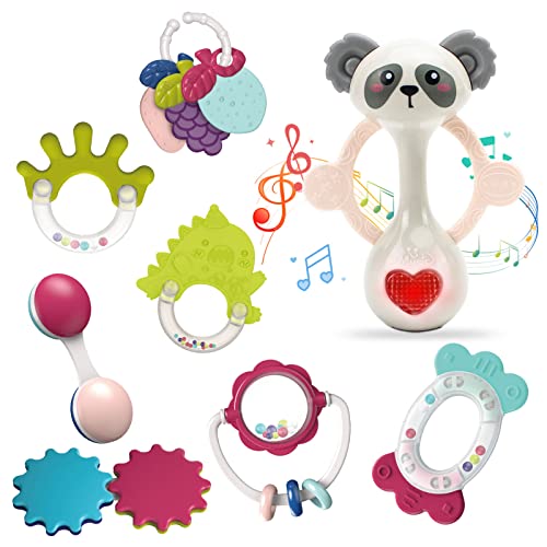 Image of Baby Rattle Teething Toys for Babies 0 6 12 Months, 9Pcs Soft Silicone Teethers with Music & Light, Shaker Spin Rattles Toy Set, Early Educational Newborn Chew Toys Gifts for Infant Baby Girls Boys