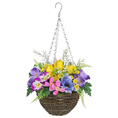 Briful Artificial Hanging Baskets with Flowers Mixed Tulip Pansy Hanging Basket Flower, Indoor Patio Balcony Decorations, Home Farmhouse Decor