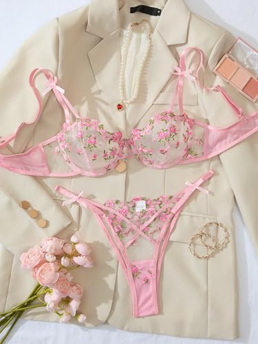 Image of Lilosy Sexy Underwire Cute Push Up Strappy Embroidered Mesh Sheer Lingerie Set See Through Panty Bra