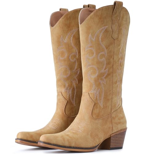 Image of IUV Cowboy Boots For Women Western Cowgirl Boots Mid Calf Snip Toe Boot With Chunky Heel