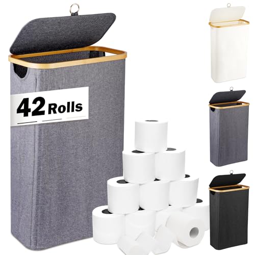 60L Extra Large Toilet Paper with Lid, Holds 42 Regular Rolls or 24 Mega Rolls, 16 Gal Tall Laundry Baskets with Bamboo Pull Handles, Organizer Bin for Hotels, Restrooms, Offices, Homes, Gray