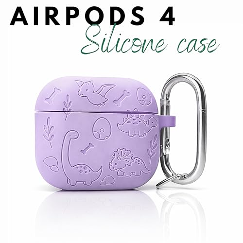 Image of Emoh Roced Case for Airpod 4 with Keychain,Silicone Dinosaur Engraved Cases Compatible with Apple AirPods 4th Generation 2024, Anti-Scratch, Protective Case Cover (Lavender, for AirPods 4)