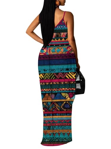 Image of Women's Summer Maxi Dress Spaghetti Strap Floral Boho Beach Long Sundress with Pockets
