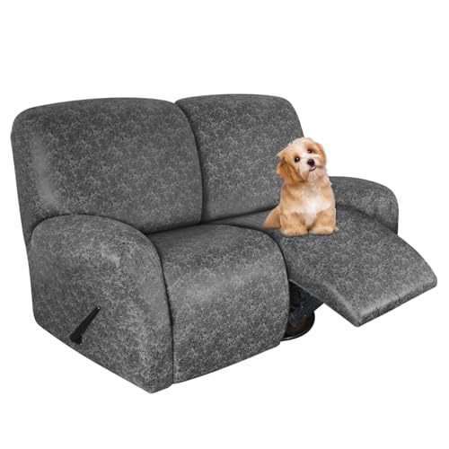 ANARACHON Leather Look Loveseat Recliner Covers Stay in Place 6-Piece Recliner Sofa Slipcover 2 Seater Reclining Couch Cover Spandex Fabric Washable (2 Seater, Light Grey)