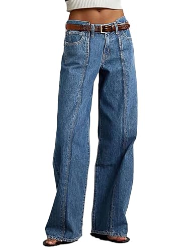 Flamingals Straight Leg Mid Rise Baggy Jeans Boyfriend Denim Strenchy Jeans Without Belt