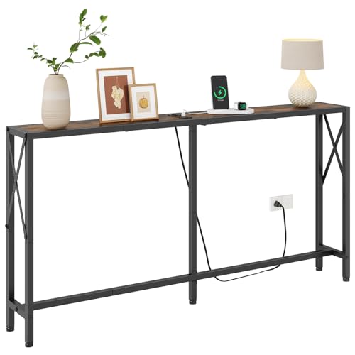 Gewudraw Console Table with Oulets and USB Ports, 55.1' Sofa Table Behind Couch, Industrial Long...