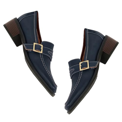 Image of MOOMMO Women Blue Chunky Heel Penny Loafers Square Toe Buckle Slip On 2 inch Stacked Block Heel Dress Loafers Oxfords Office Ladies Comfy Classic Loafer Pumps Matte Navy Size 8.5 M US