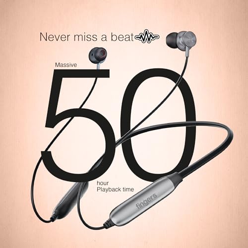 Image of FINGERS Gig2 Wireless in-Ear Bluetooth Neckband Earphones with 50-Hour Playtime, Built-in Mic with Surround Noise Cancellation SNC Technology, Dual Pairing, Make in India (Rich Grey)