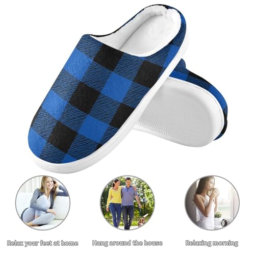 JUNZAN Blue Black Gingham Buffalo Plaid Cotton Slippers for Men Closed Toe Memory Foam Bedroom Slippers for Spa Funny Presents 6-73