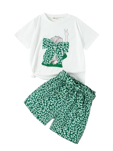 Image of Girls 2 Piece Outfits Summer Clothes Ruffle Short Sleeve Shirts Top and High Waist Floral Shorts Set with Belt