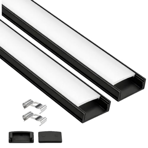 Image of Lighting (18x6mm) LED Strip Light 1Meter Black Aluminium Rectangular Surface Profile Light Channels with Diffused, Black End Caps and Mounting Clips Without LED Straight Linear (2)