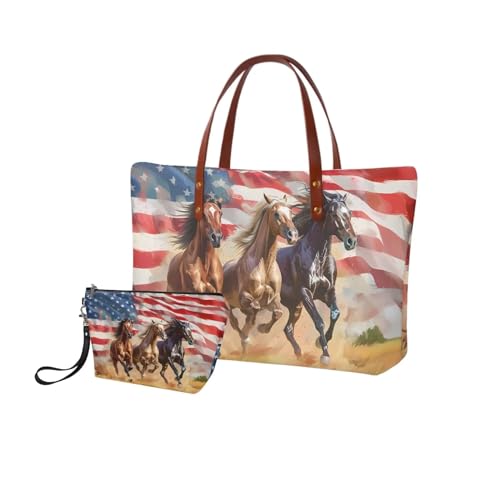 Image of American Flag Horse Purses for Women Tote Purse and Handbag Top Handle Satchel Bags with PU Zipper Make Up Bag Purse, Large Purse and Wallet Set for Women for Working Travel Shopping