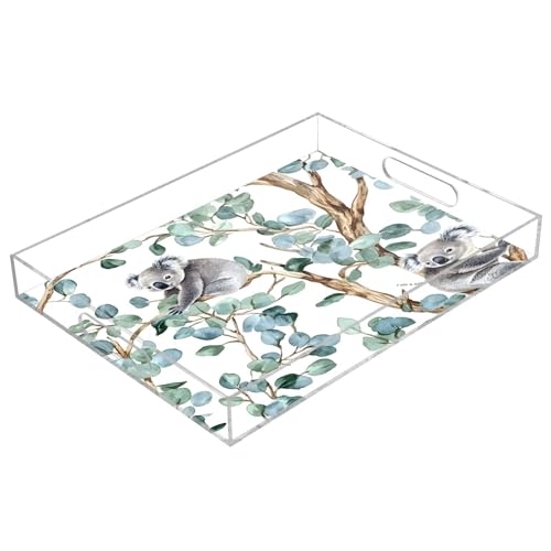 Nesatuwa Koala Acrylic Serving Tray with Handles,Clear Serving Tray Decorative Tray Organiser for Ottoman, Kitchen, Bedroom Decorative Tray 12x16 Inches