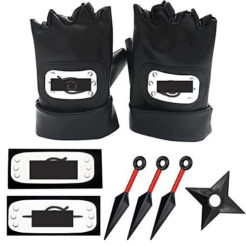 6PCS Anime Cosplay Set Ninja Gloves and 2 Pack Anime Cosplay Headband, 3PCS Small Plastic Kunai, Anime Cosplay Accessories Black