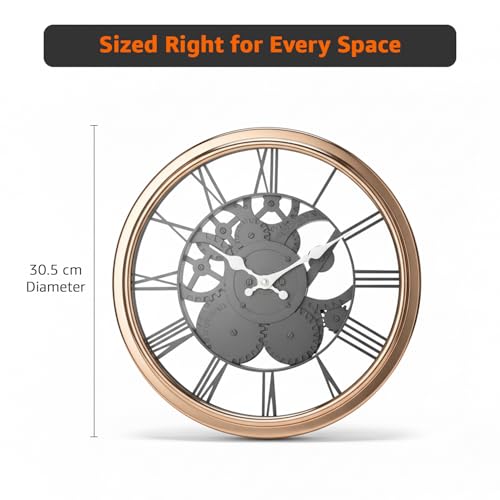 Image of Amazon Basics Plastic Wall Clock with Chrome Finish, Skeleton Dial Design, Lightweight & Durable, 30.5 cm Diameter x 4.3 cm Width, Ideal for Indoor Decor - Rose Gold