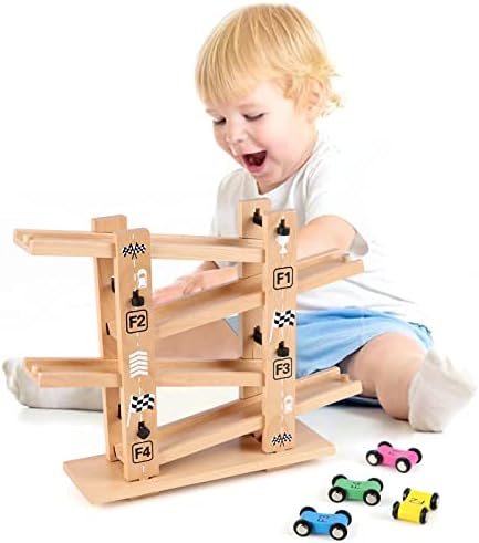 Jacootoys Wooden Car Ramp Construction Zig Zag Slide Run Click Clack Racing Track with 4 Wooden Cars for Kids Boys Girls