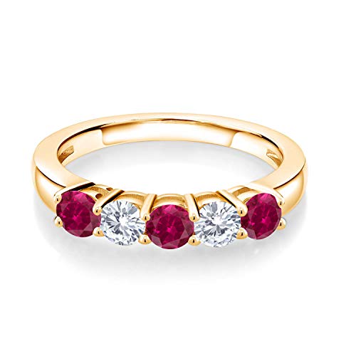 Gem Stone King 18K Yellow Gold Plated Silver Red Created Ruby and Moissanite Wedding Band Ring For Women (1.07 Cttw, Round 3.5MM, Gemstone July Birthstone, Available In Size 5, 6, 7, 8, 9)2