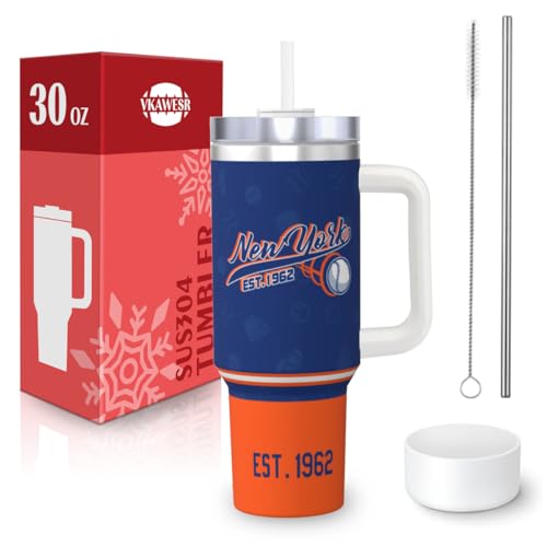 New-York 30 oz Tumbler with Handle and Straw Car cup Coffee Mug 100% Leakproof Insulated Tumbler with Lid and Straw Made of Stainless Steel Cup Holder Friendly Base Classic Collection Gifts for Fans