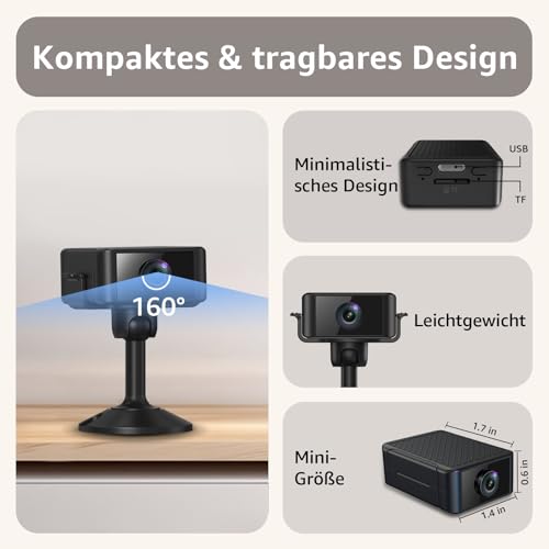 Liretope Mini Kamera, 4K HD WLAN Überwachungskamera Innen Für Live Übertragung Handy APP, WiFi Camera Nachtsichtkamera mit Bewegungsmelder/Lange Batterielaufzeit/Cloud-Speicherplat