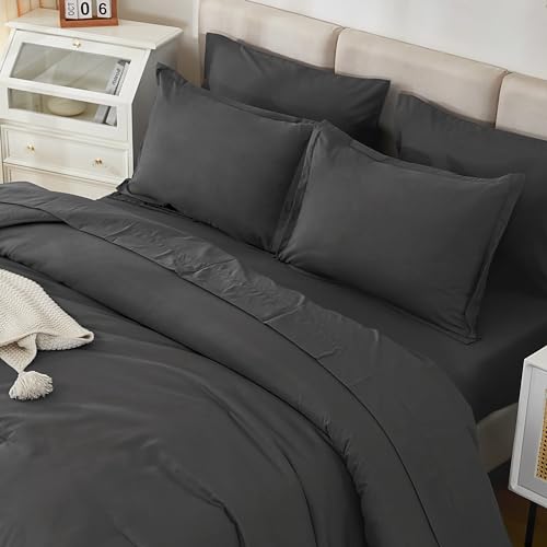 Litanika Twin/Twin XL Size Comforter Sets Grey Dark Grey - 5 Pieces Bed in a Bag Twin/Twin XL Bedding Comforter Sets, Solid Lightweight Bed Set with Comforter, Sheets, Pillowcase & Sham