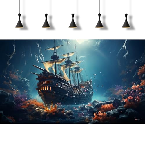Image of Sunken Ship Aquarium Background Undersea Pirate Shipwreck Fish Tank Background Tropical Coral Reefs Ocean Seabed seascape Reptile Tank Backgrounds Tropical Marine Life Terrarium Backgrounds 36x24in